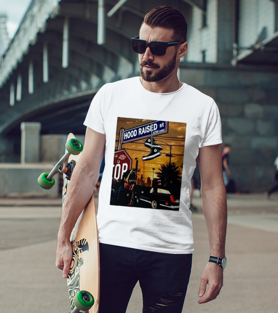 Hood Raised Street 4700 East Rottweiler Lowrider Sneakers And Sunset Urban Scene T-Shirt