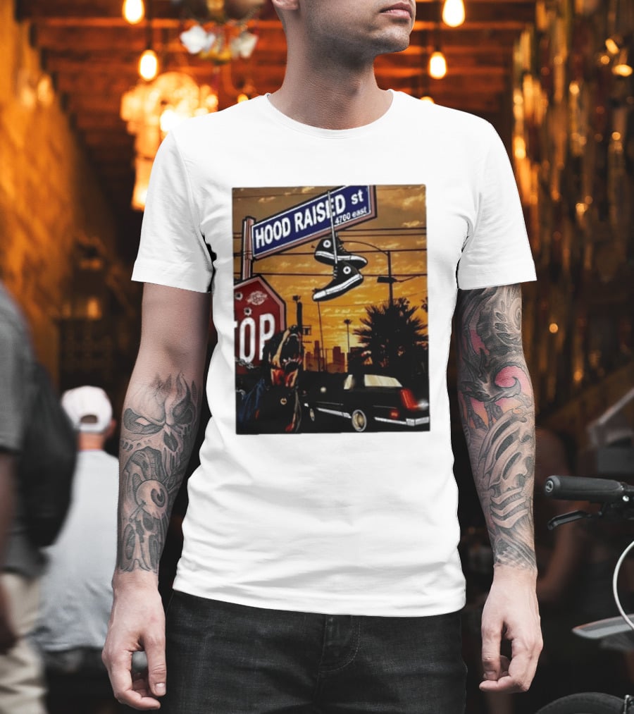 Hood Raised Street 4700 East Rottweiler Lowrider Sneakers And Sunset Urban Scene T-Shirt