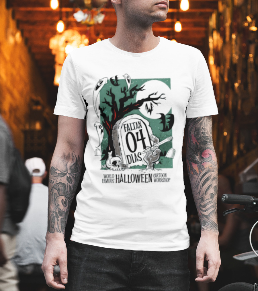 Faltan 04 Dias World Famous Halloween Cartoon Workshop Spooky Tree And Bats T-Shirt