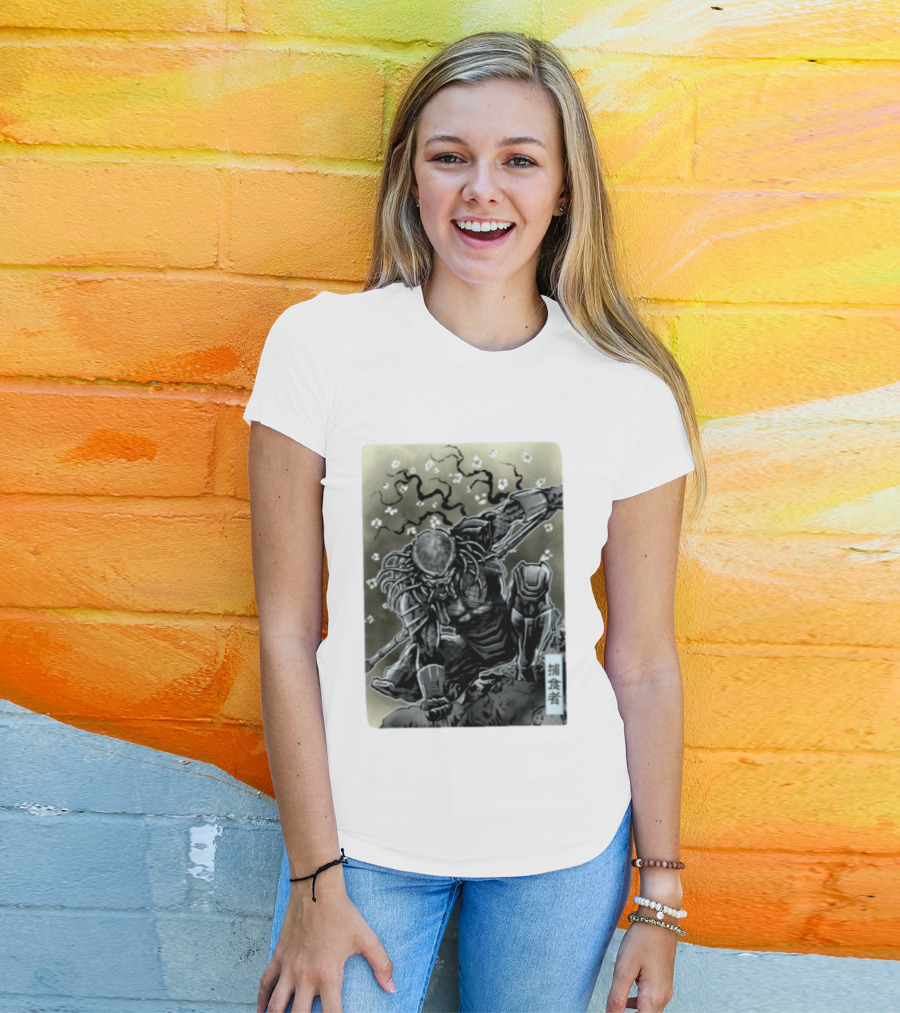 Yautja Samurai Mashup With Cherry Blossoms T-Shirt