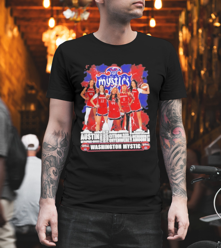 Washington Mystics Roster WNBA Basketball Skyline Austin Littlepage Buggs Poole Citron Onyenwere Amihere Olsen McMahon Amooore T-Shirt