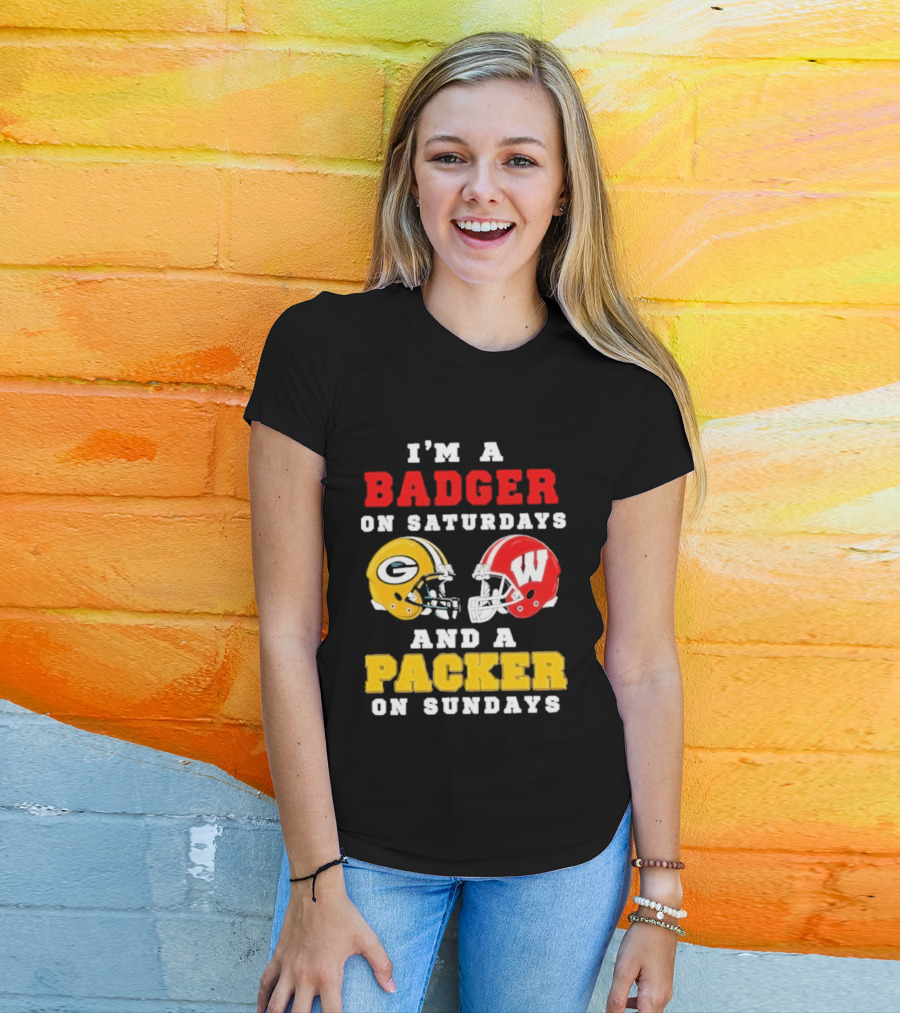 I'm A Badger On Saturdays Green Bay Packer On Sundays Football Helmet Rivalry T-Shirt
