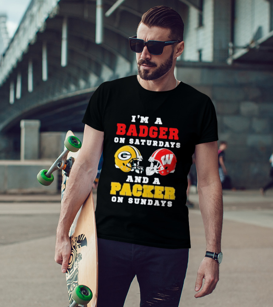 I'm A Badger On Saturdays Green Bay Packer On Sundays Football Helmet Rivalry T-Shirt