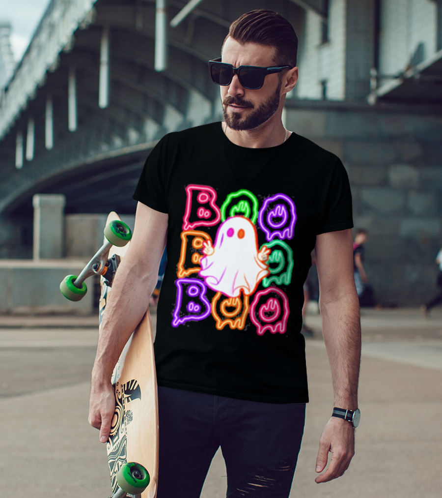 Ghost Boo Neon Halloween Spooky Bright T-Shirt