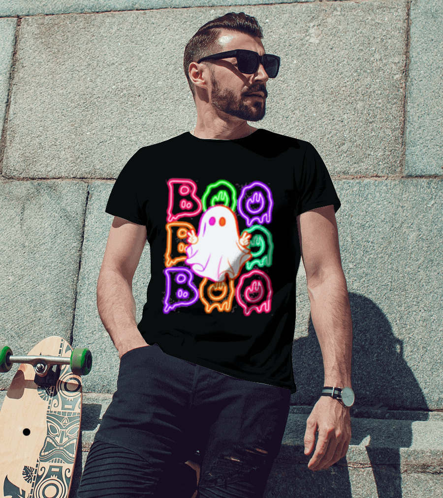 Ghost Boo Neon Halloween Spooky Bright T-Shirt