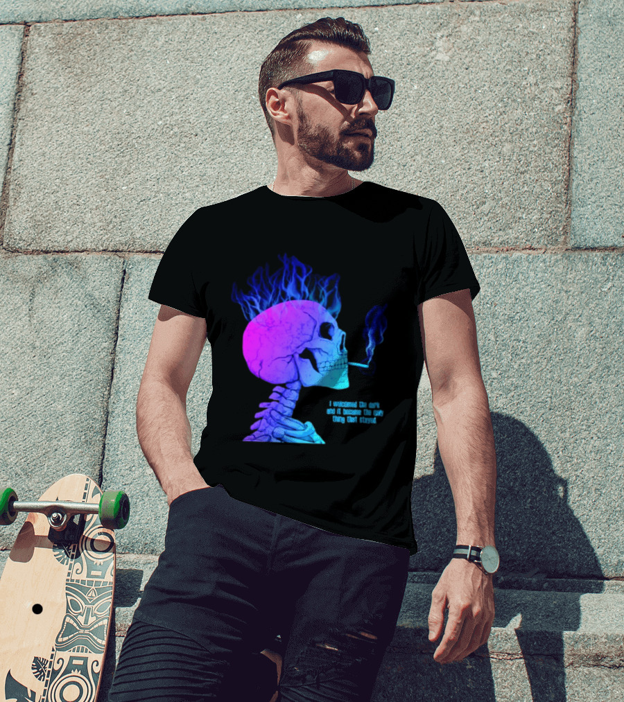 I Welcomed The Dark And It Became The Only Thing That Stayed Skull Smoking Blue Fire Hair T-Shirt