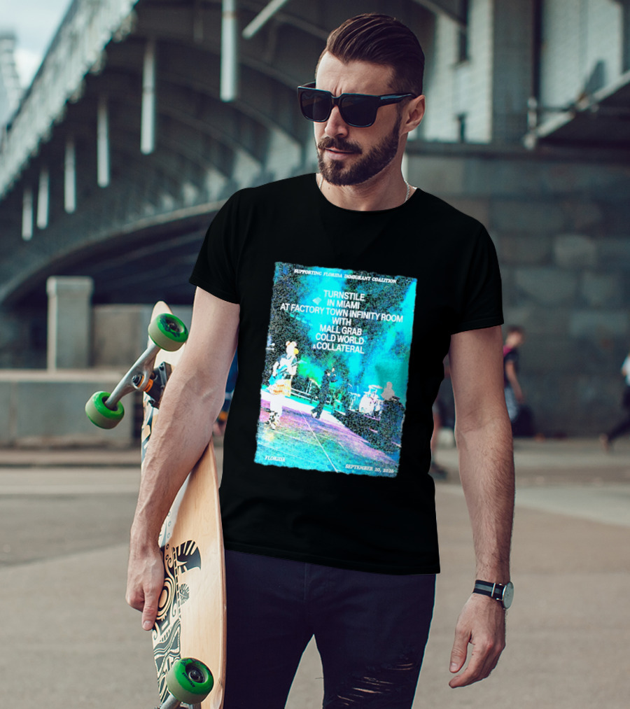 Supporting Florida Immigrant Coalition Turnstile In Miami Factory Town Infinity Room With Mall Grab Cold World Collateral September 20 2026 T-Shirt