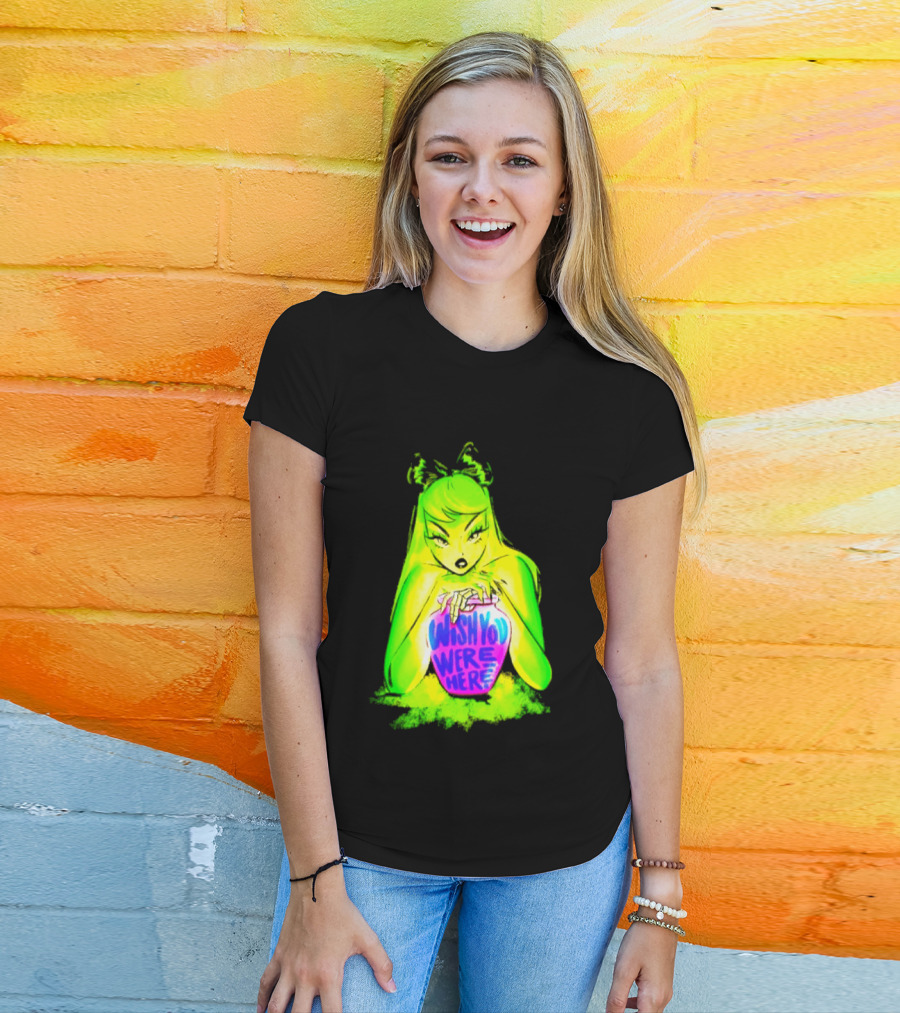 Wish You Were Here Skeleton Urn Goth Spooky Green Yellow Pink Ghostly Aesthetic T-Shirt