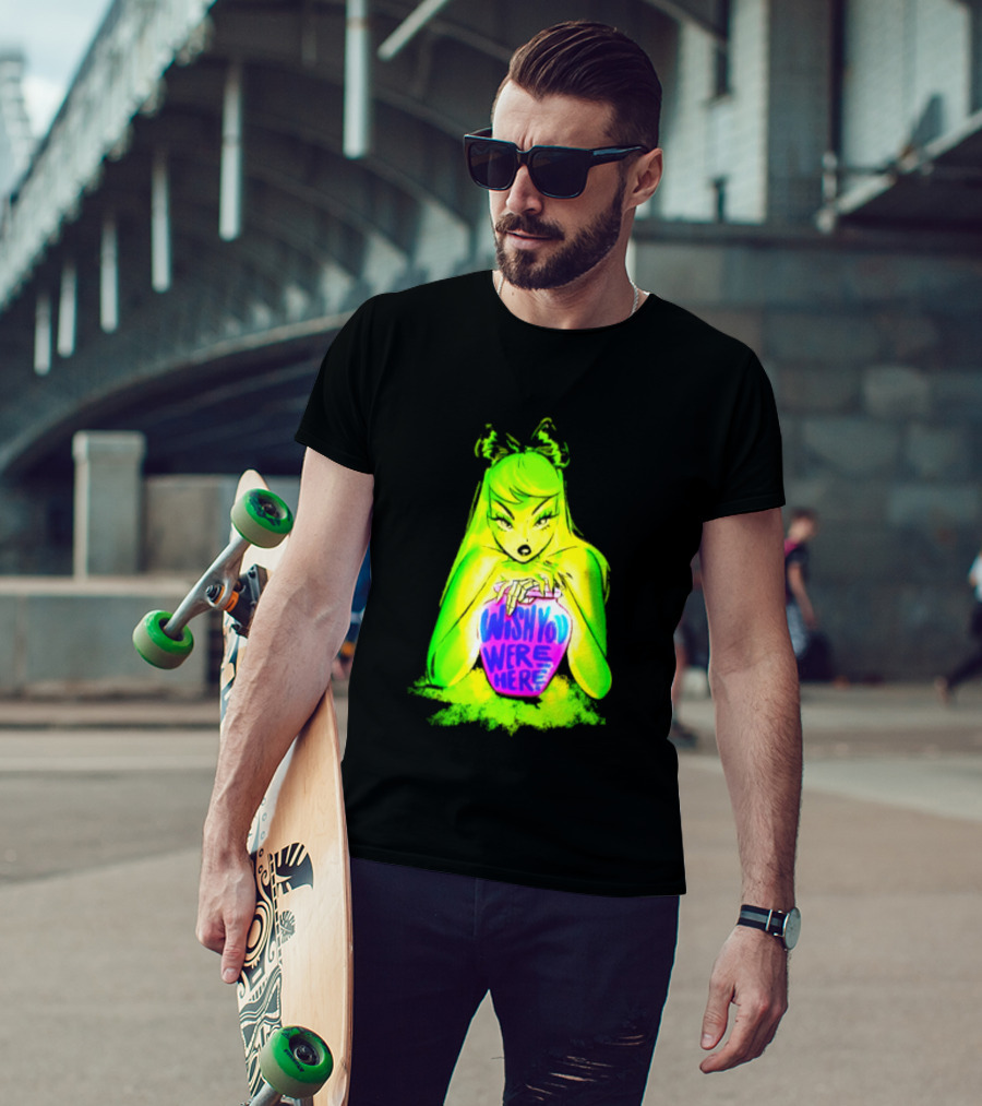 Wish You Were Here Skeleton Urn Goth Spooky Green Yellow Pink Ghostly Aesthetic T-Shirt