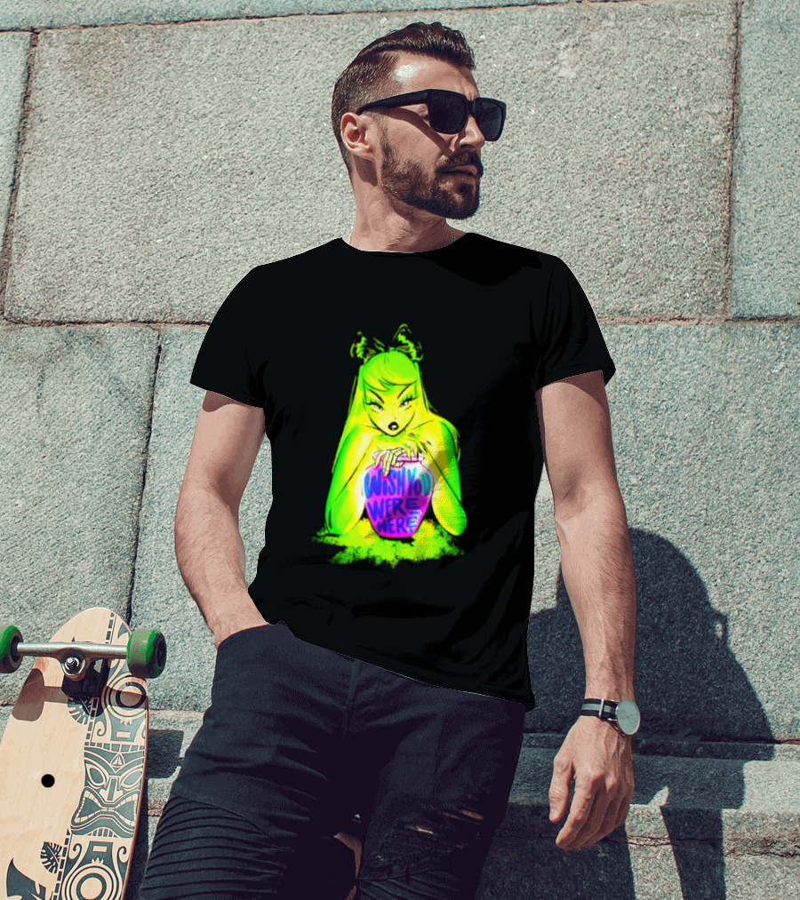 Wish You Were Here Skeleton Urn Goth Spooky Green Yellow Pink Ghostly Aesthetic T-Shirt