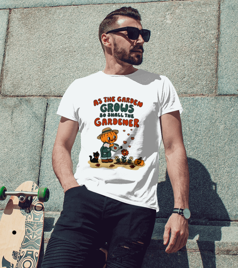 As The Garden Grows So Shall The Gardener Pumpkin Watering Flowers With Cat And Hearts T-Shirt