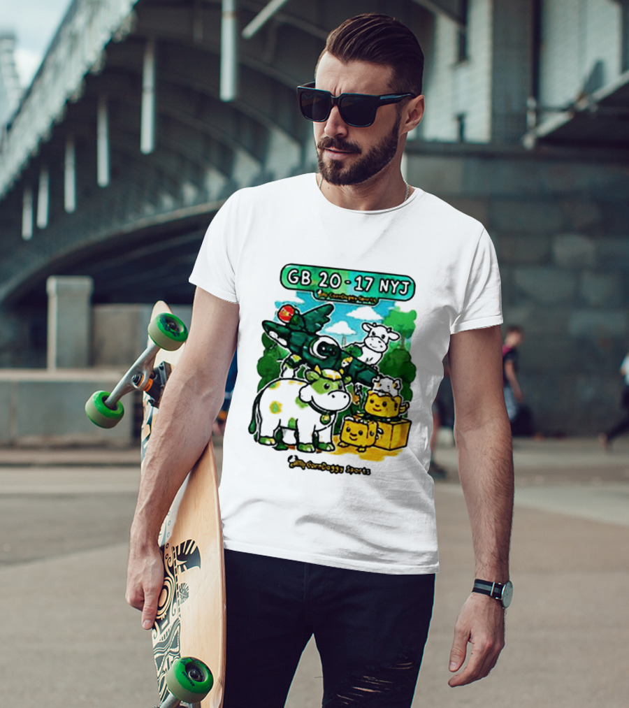 GB 20 17 NYJ Green Bay Football Green Cow Jet Cartoon Game Day T-Shirt