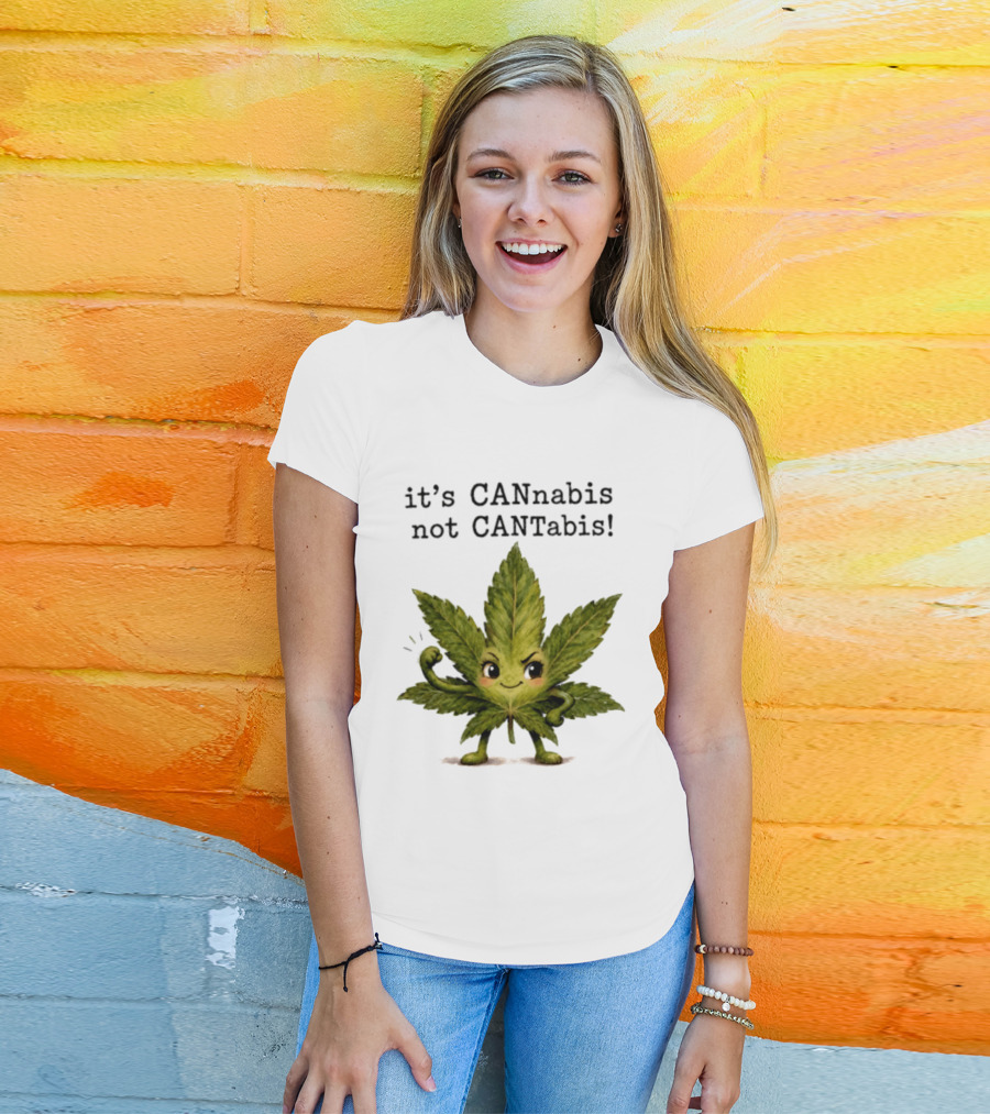 Cannabis Leaf Character It's CANnabis Not CANtabis Winking Cartoon T-Shirt