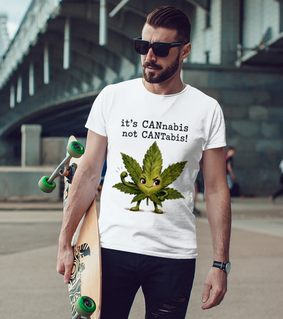 Cannabis Leaf Character It's CANnabis Not CANtabis Winking Cartoon T-Shirt