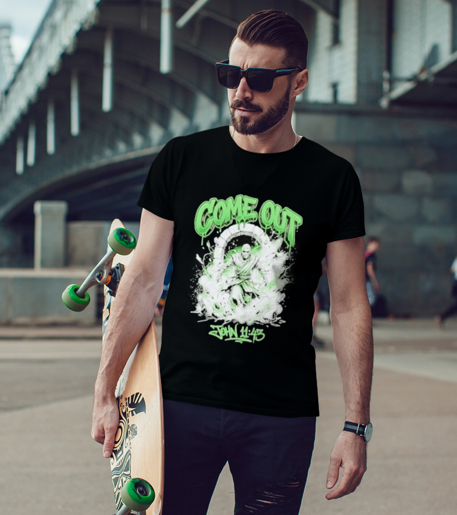 Come Out John 11 43 Mummy Bible Verse Green Drip T-Shirt