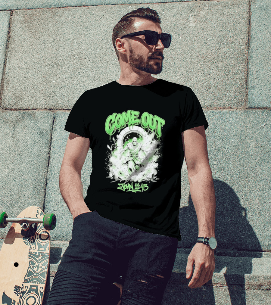 Come Out John 11 43 Mummy Bible Verse Green Drip T-Shirt