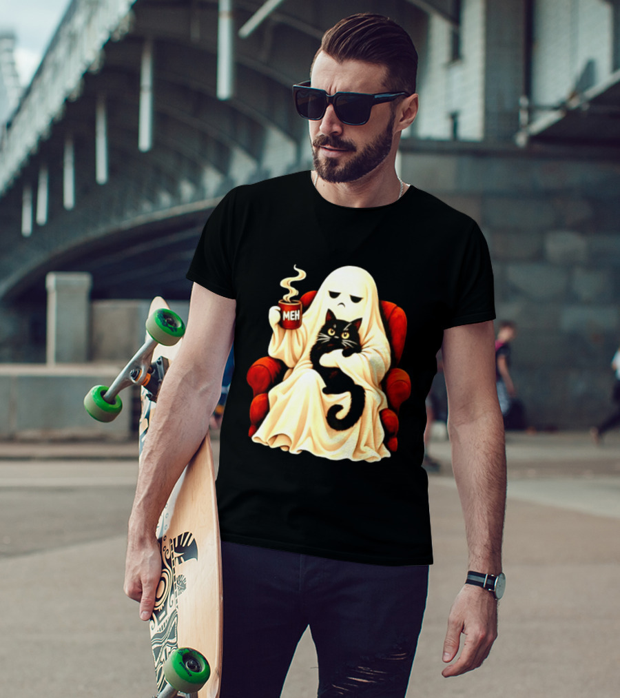 Ghost And Black Cat On Red Chair With Meh Coffee T-Shirt