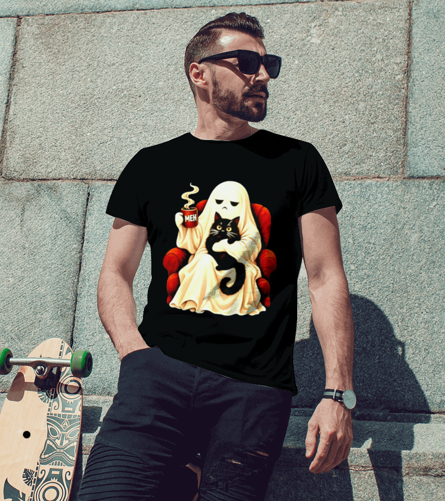 Ghost And Black Cat On Red Chair With Meh Coffee T-Shirt