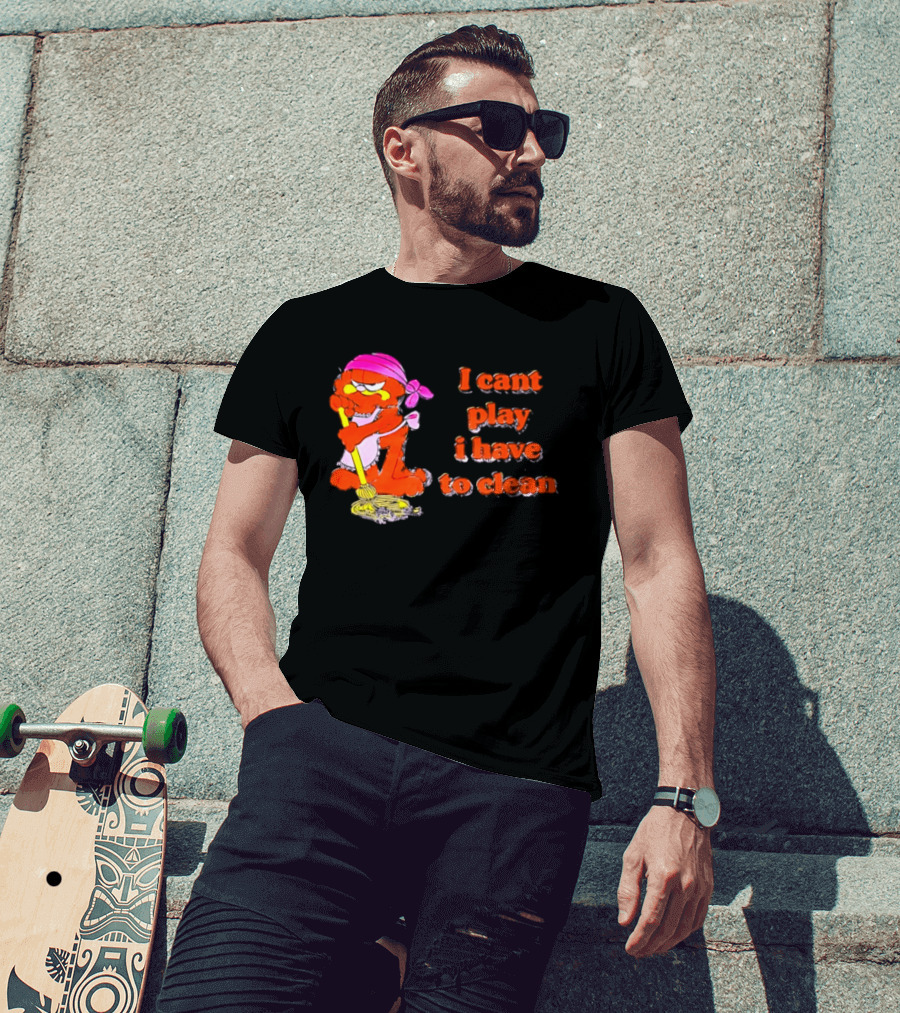 Garfield I Can't Play I Have To Clean Comic Image With Mop And Bandana T-Shirt