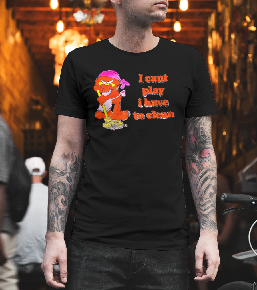 Garfield I Can't Play I Have To Clean Comic Image With Mop And Bandana T-Shirt
