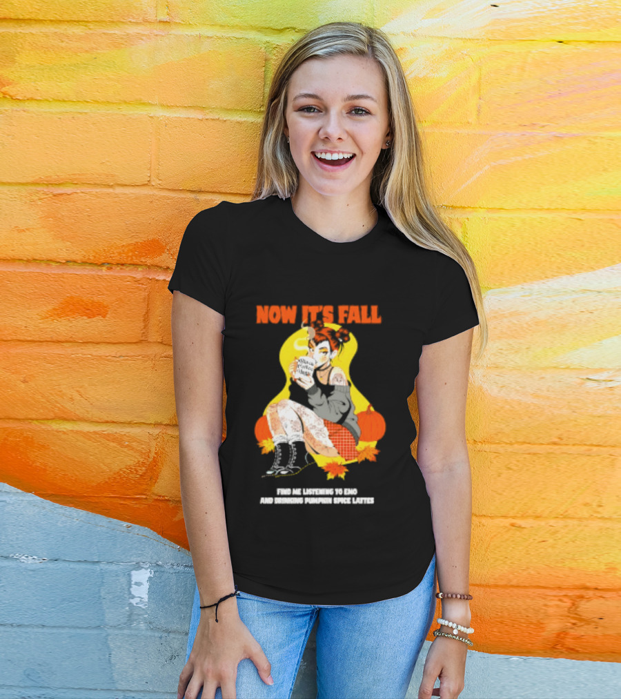 Now It's Fall Emo And Pumpkin Spice Lattes Aesthetic Cozy Autumn Vibes T-Shirt