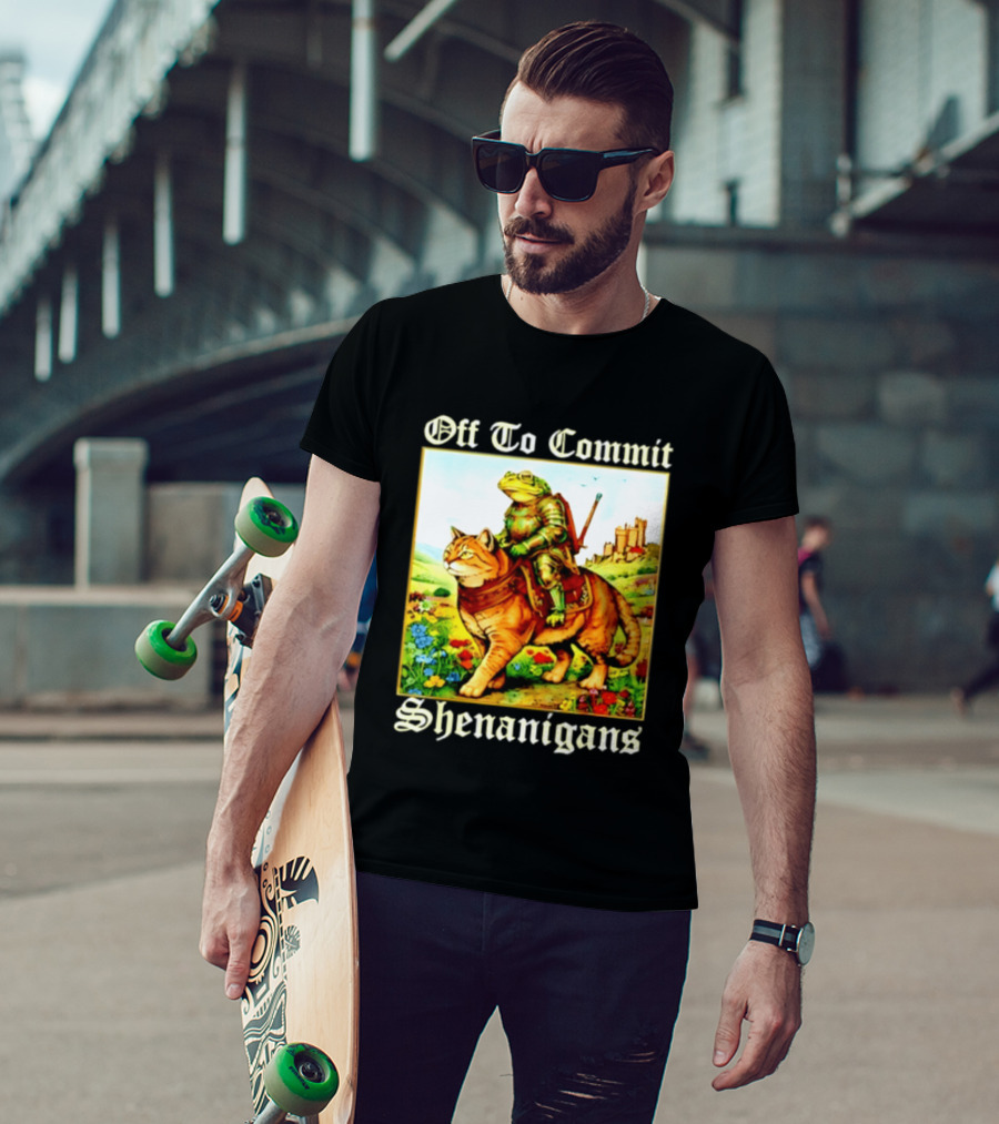 Off To Commit Shenanigans Frog Knight Riding Cat Medieval Adventure T-Shirt