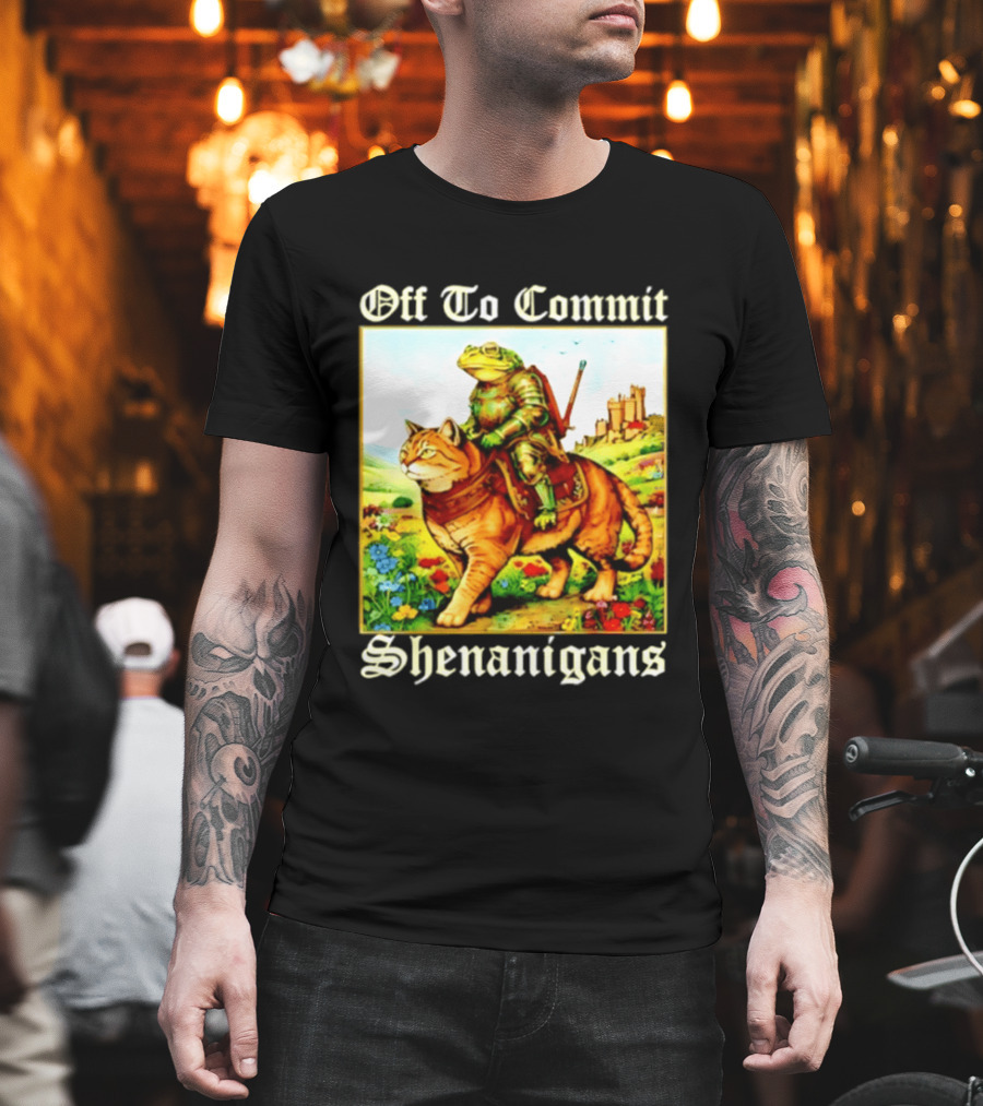 Off To Commit Shenanigans Frog Knight Riding Cat Medieval Adventure T-Shirt