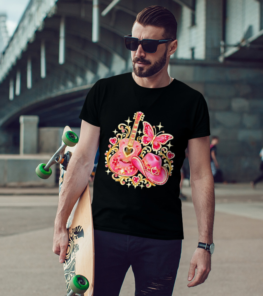 Pink Rhinestone Guitar Cowboy Hat Butterfly Hearts Sparkles T-Shirt