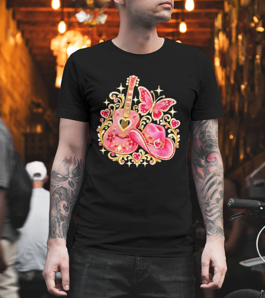 Pink Rhinestone Guitar Cowboy Hat Butterfly Hearts Sparkles T-Shirt