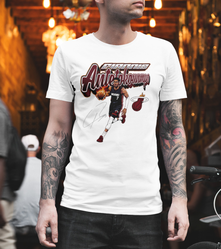Giannis Antetokounmpo Miami Heat Basketball Cursive Script T-Shirt