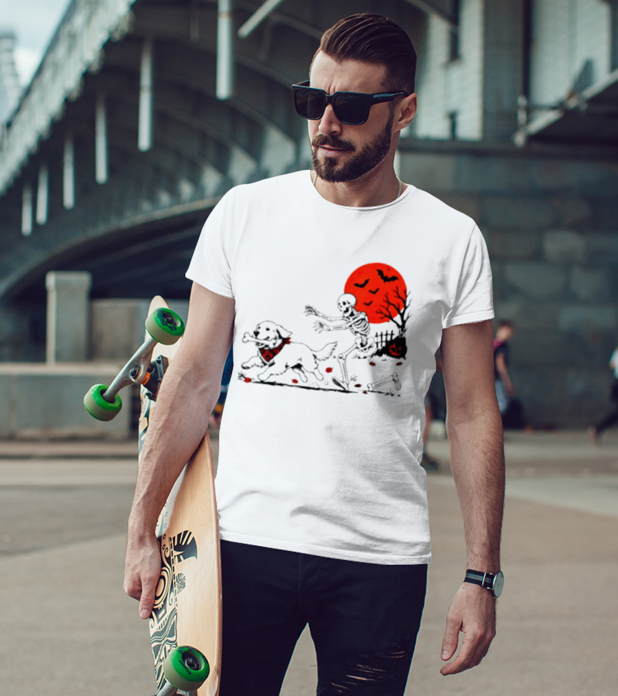 Golden Retriever And Skeleton Chase Under Red Moon With Bats And Pumpkin T-Shirt