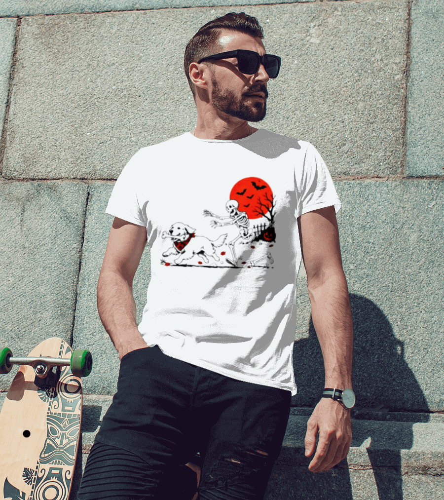 Golden Retriever And Skeleton Chase Under Red Moon With Bats And Pumpkin T-Shirt