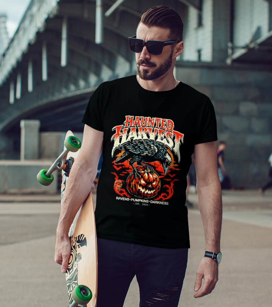 Haunted Harvest Ravens Pumpkins Darkness Est 2026 T-Shirt