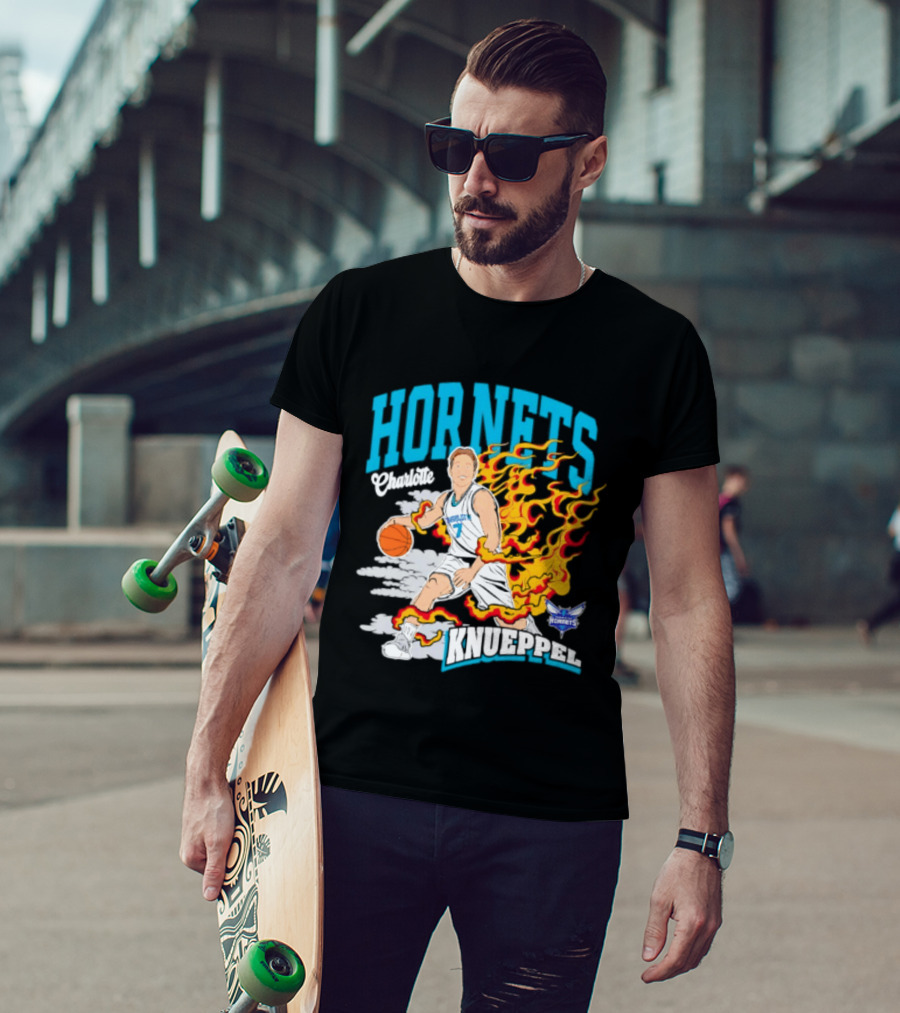 Charlotte Hornets Kon Knueppel Basketball With Flames Motif T-Shirt