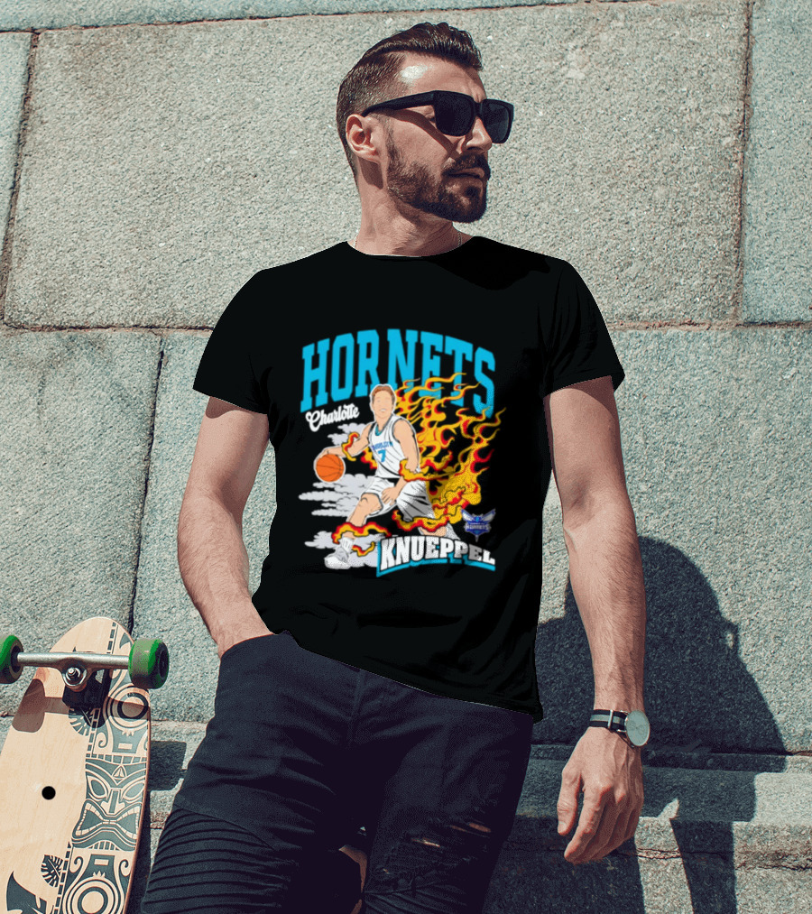 Charlotte Hornets Kon Knueppel Basketball With Flames Motif T-Shirt