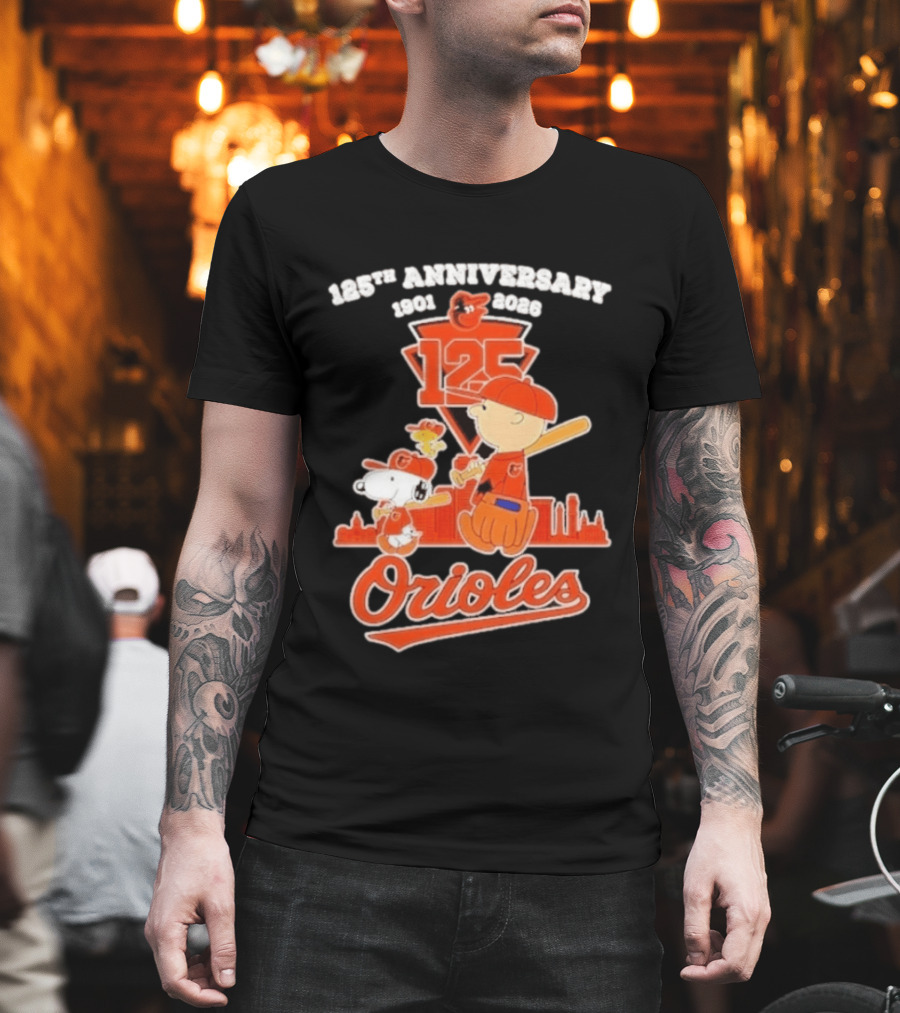 Peanuts Snoopy Baltimore Orioles 125th Anniversary 1901 2026 Skyline Baseball T-Shirt