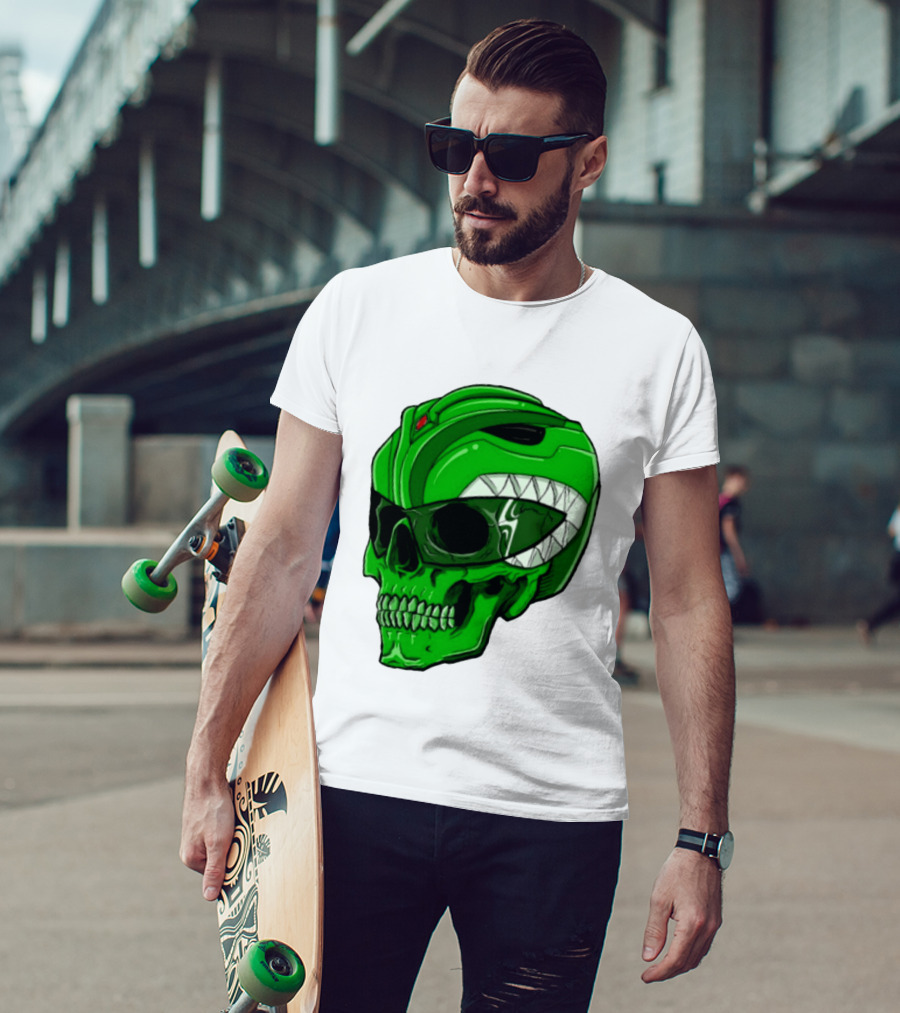 Mighty Morphin Power Rangers Green Ranger Zombie Skull Helmet Mashup T-Shirt