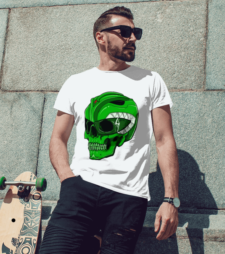 Mighty Morphin Power Rangers Green Ranger Zombie Skull Helmet Mashup T-Shirt