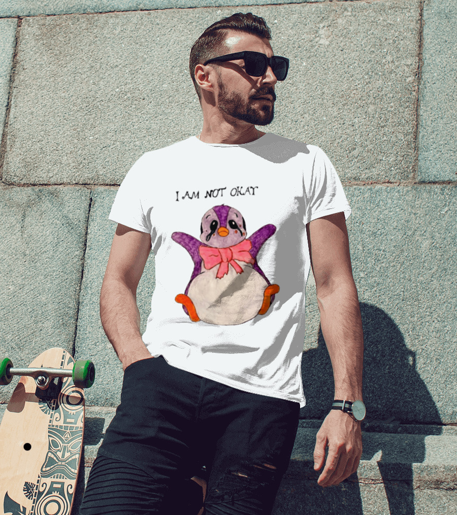 I Am Not Okay Crying Penguin Aesthetic Bow Tearful Purple Orange T-Shirt