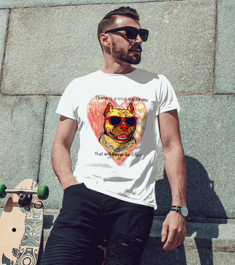 Pitbull Heart Illustration With Red Sunglasses And Silver Chain There Is A Void Inside Me That Will Never Be Filled T-Shirt