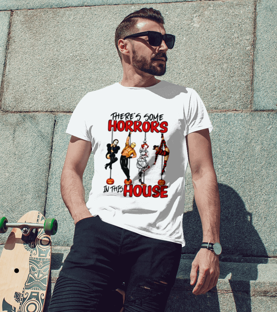 There's Some Horrors In This House Halloween Characters Pumpkin Poles T-Shirt