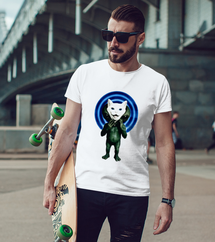 Cat Unzipping Alien Costume Sci Fi Whimsical Blue Ripple Effect T-Shirt