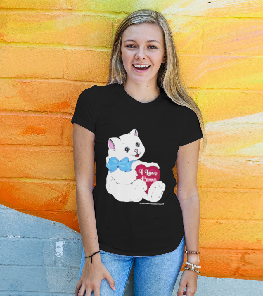 I Love Pussy Cats Heart Blue Bow Adorable White Kitten T-Shirt