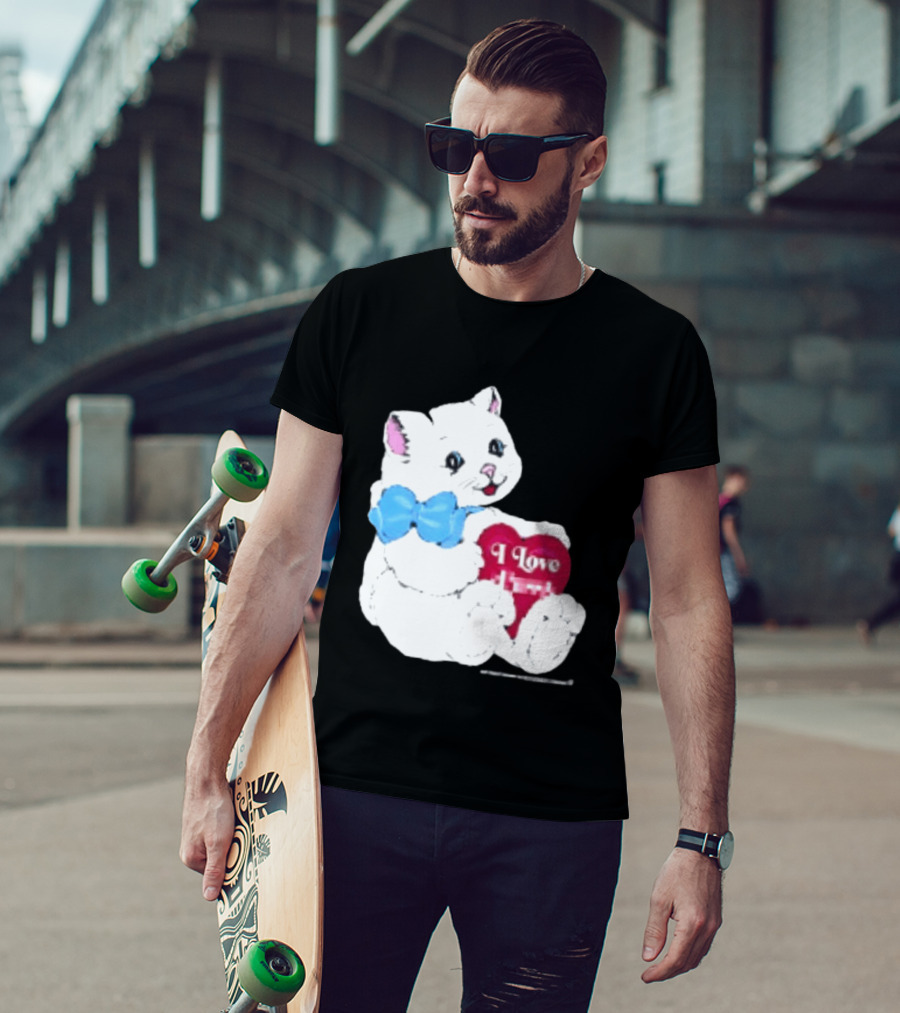 I Love Pussy Cats Heart Blue Bow Adorable White Kitten T-Shirt