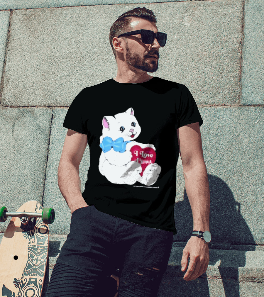I Love Pussy Cats Heart Blue Bow Adorable White Kitten T-Shirt