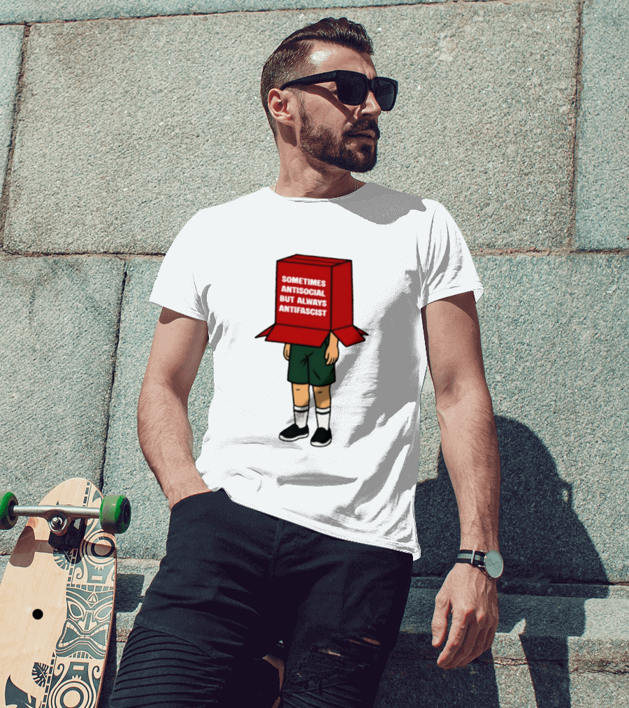 Sometimes Antisocial But Always Antifascist Box Head Cartoon T-Shirt
