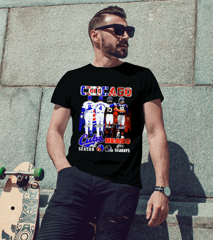 Chicago Cubs Happ And Bote Bears Fields And Moore Signature Skyline Sundays All Season T-Shirt