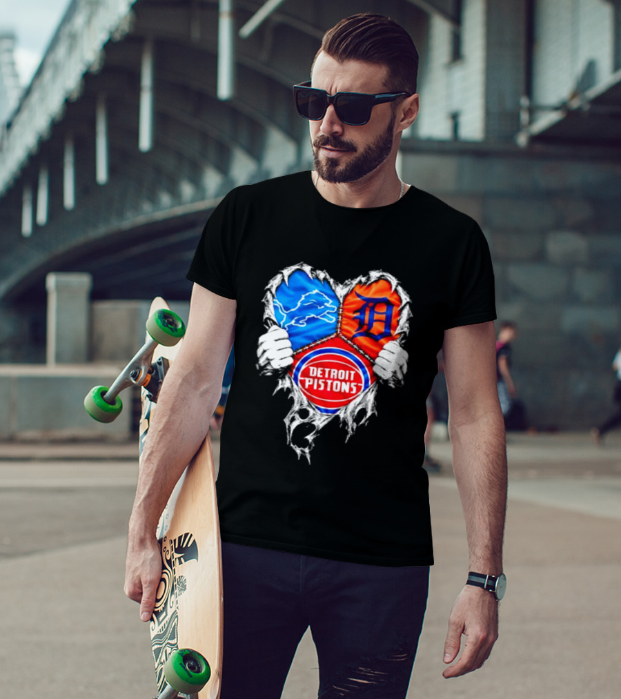 Detroit Lions Tigers Pistons Heart Scratch Mashup T-Shirt