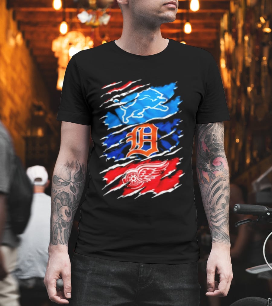 Detroit Lions Tigers Red Wings Scratch Mashup T-Shirt