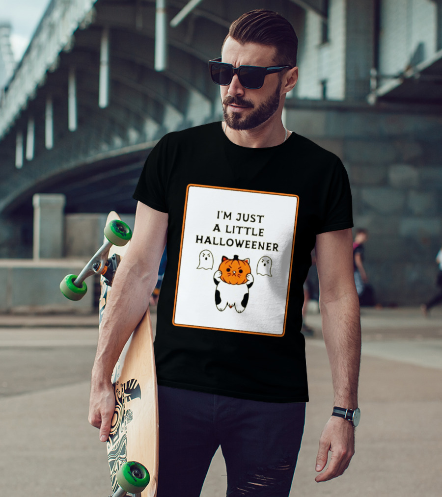 I'm Just A Little Halloweener Cat Holding Pumpkin Face With Ghosts T-Shirt